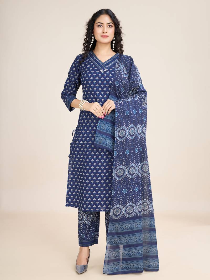 Trendmalls  Cotton Printed Salwar Suit Set Kurta Pant with Dupatta