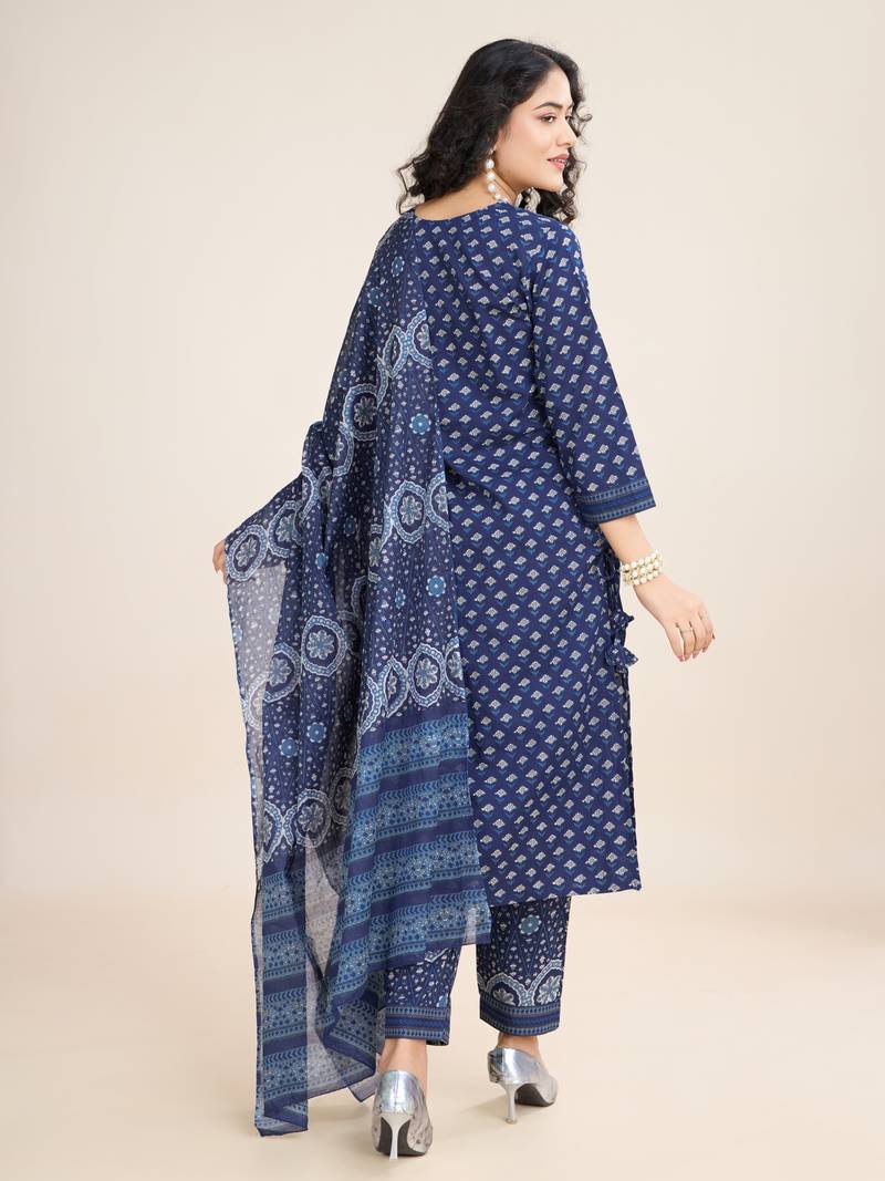 Trendmalls  Cotton Printed Salwar Suit Set Kurta Pant with Dupatta