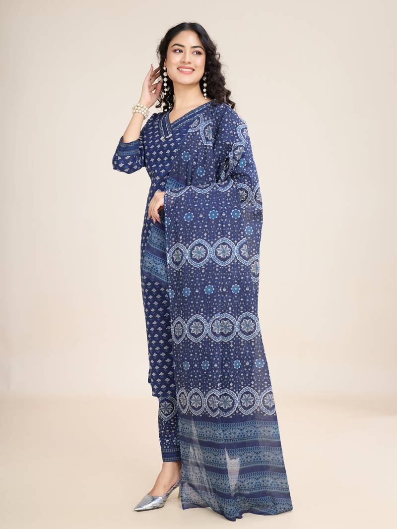 Trendmalls  Cotton Printed Salwar Suit Set Kurta Pant with Dupatta