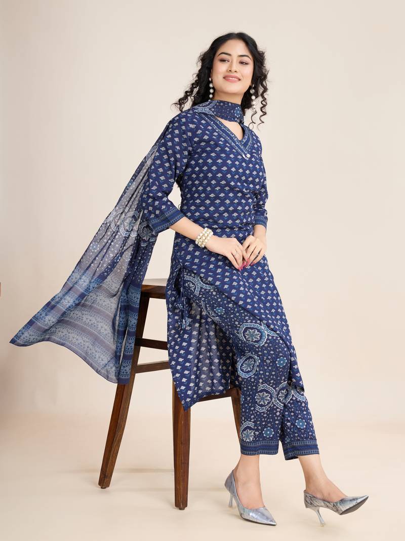 Trendmalls  Cotton Printed Salwar Suit Set Kurta Pant with Dupatta