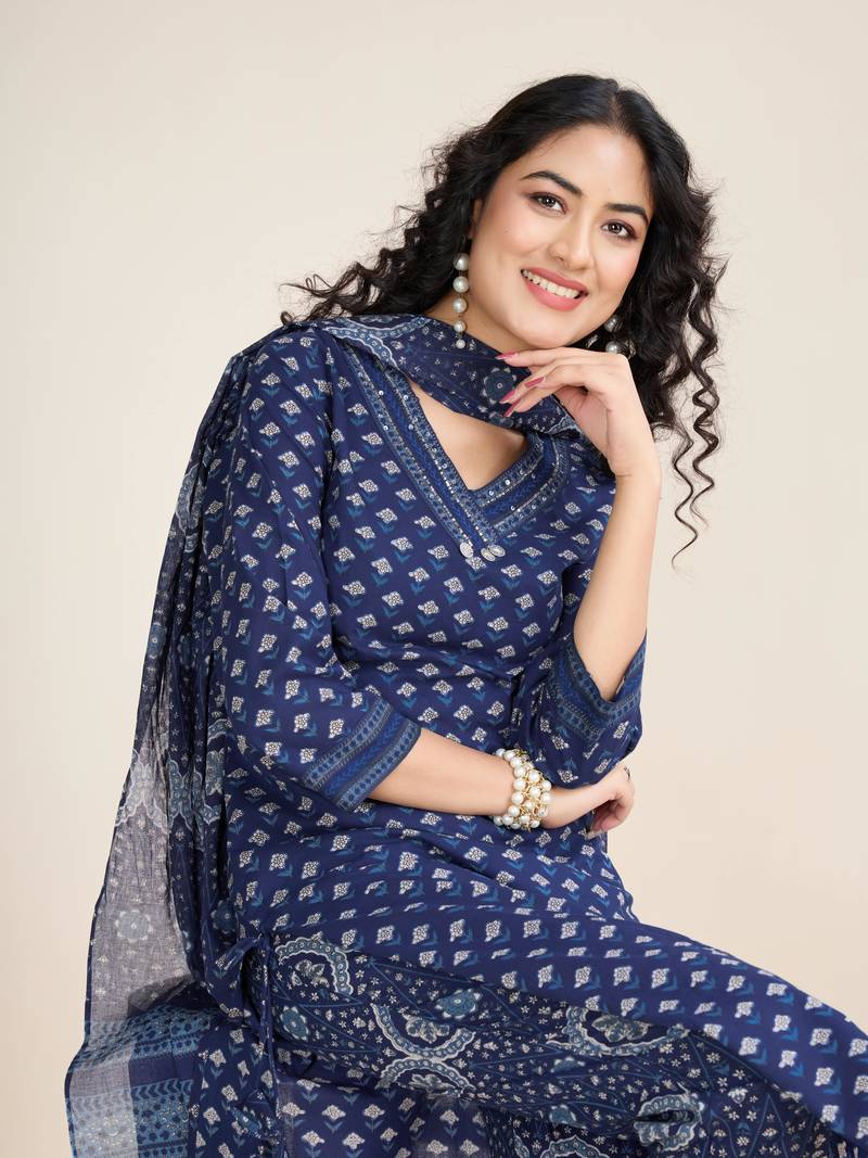 Trendmalls  Cotton Printed Salwar Suit Set Kurta Pant with Dupatta