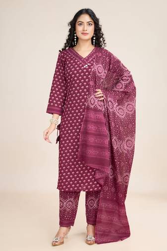 Trendmalls  Cotton Printed Salwar Suit Set Kurta Pant with Dupatta