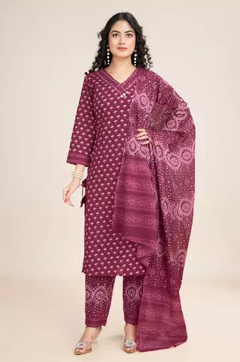 Trendmalls  Cotton Printed Salwar Suit Set Kurta Pant with Dupatta