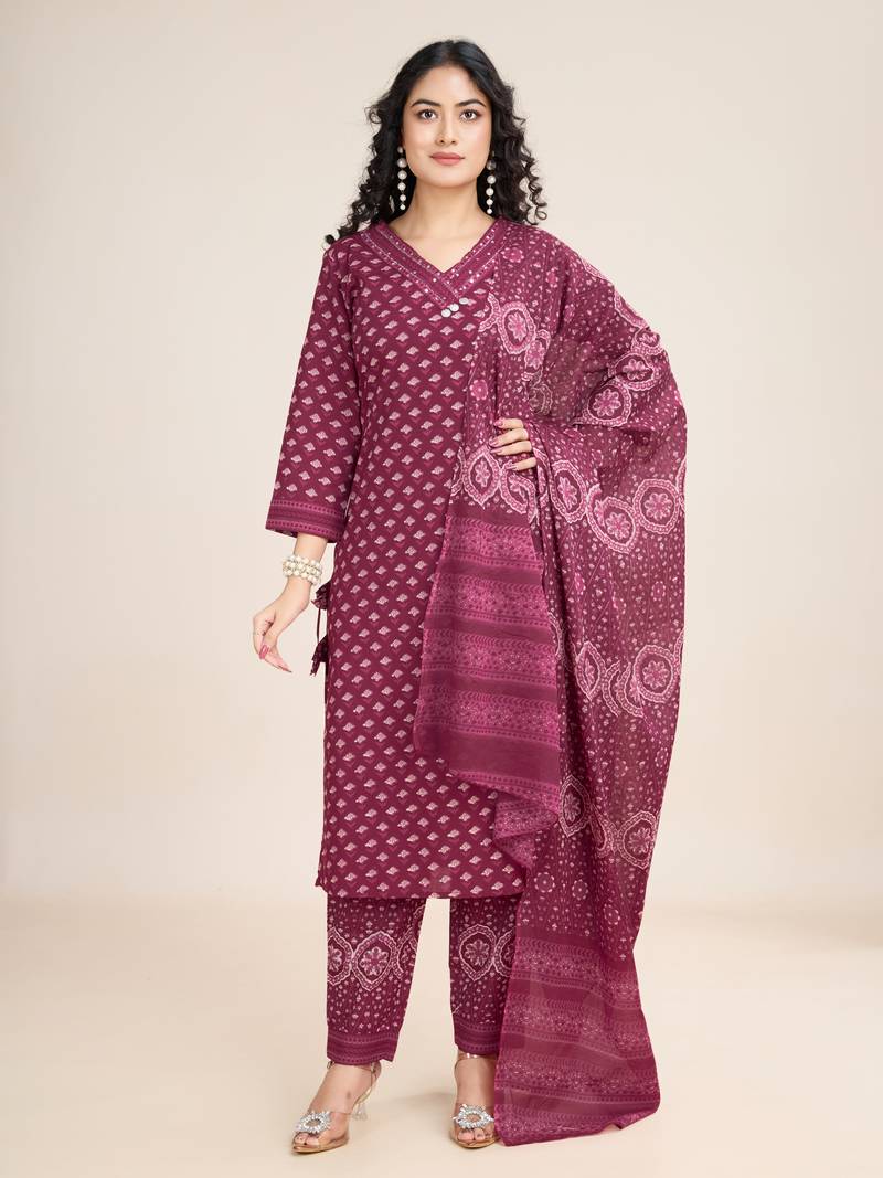 Trendmalls  Cotton Printed Salwar Suit Set Kurta Pant with Dupatta