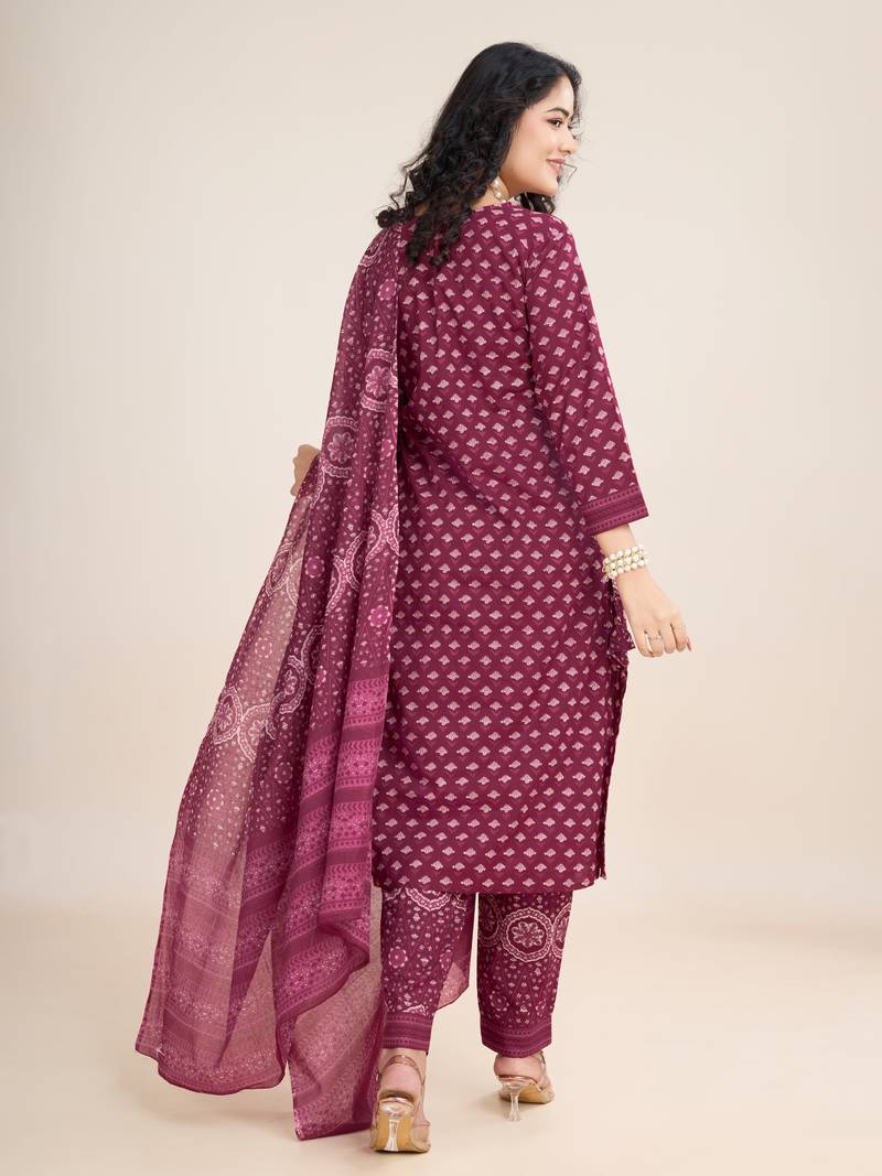 Trendmalls  Cotton Printed Salwar Suit Set Kurta Pant with Dupatta