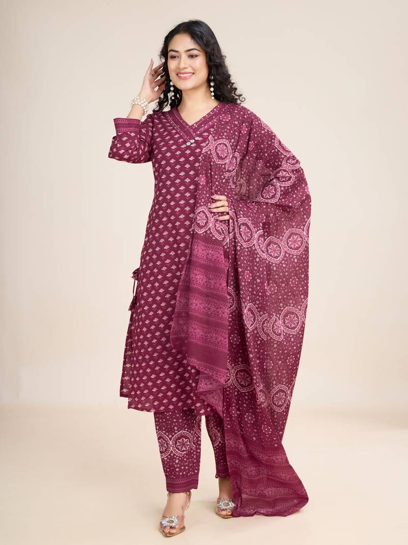 Trendmalls  Cotton Printed Salwar Suit Set Kurta Pant with Dupatta
