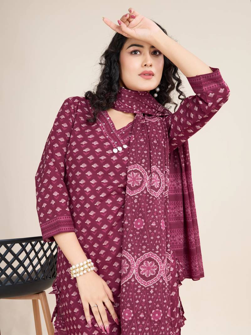 Trendmalls  Cotton Printed Salwar Suit Set Kurta Pant with Dupatta