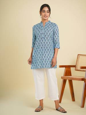 Blue cotton block printed kurti 1