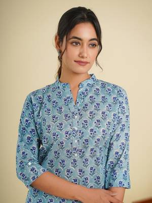 Blue cotton block printed kurti 2