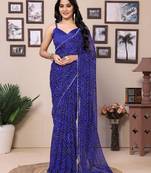 Navy blue poly georgette printed ready to wear saree with contrast blouse