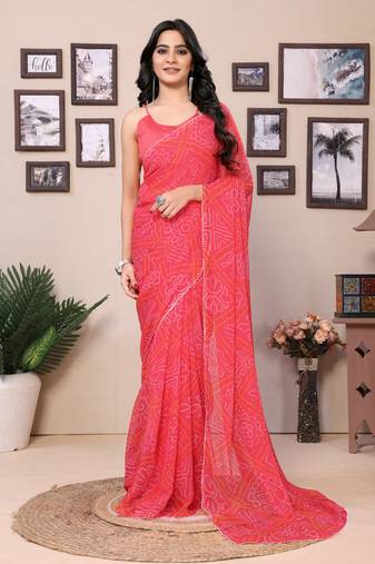 Peachpoly georgette printed ready to wear saree with contrast blouse