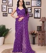 Purple poly georgette printed ready to wear saree with contrast blouse