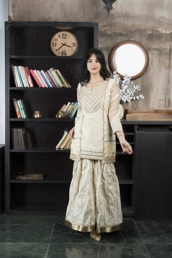 Beige chanderi silk embroidered asymmetrical kurta & sharara set