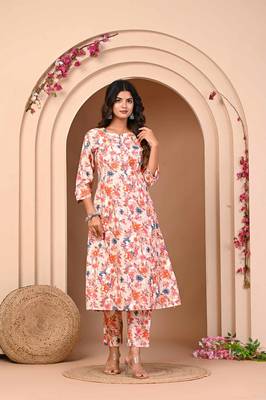 Modal chanderi orange flower print kurta set for women 1
