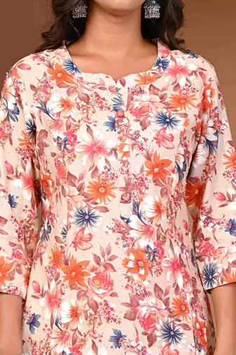 Modal chanderi orange flower print kurta set for women