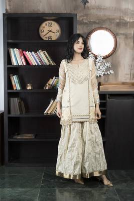 Beige chanderi silk embroidered asymmetrical kurta & sharara set 3