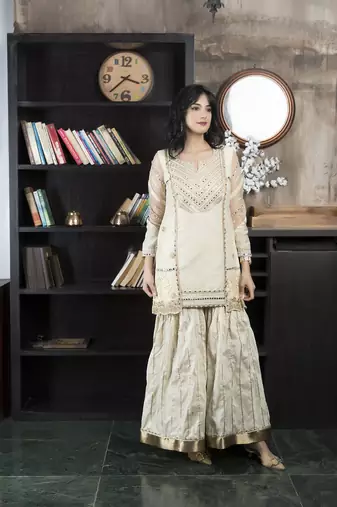 Beige chanderi silk embroidered asymmetrical kurta & sharara set