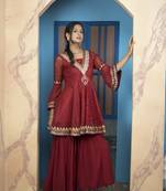 Maroon net embroidered a line kurta & sharara set