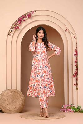Modal chanderi orange flower print kurta set for women 4