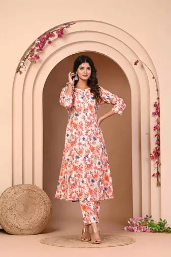 Modal chanderi orange flower print kurta set for women