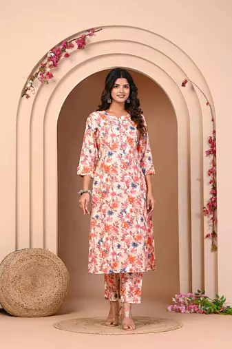 Modal chanderi orange flower print kurta set for women