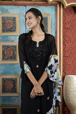 Black georgette embroidered asymmetrical kurta & palazzo set 1
