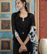 Black georgette embroidered asymmetrical kurta & palazzo set