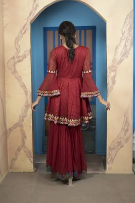 Maroon net embroidered a line kurta & sharara set 5