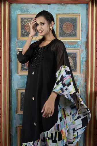 Black georgette embroidered asymmetrical kurta & palazzo set