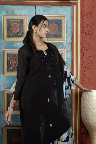 Black georgette embroidered asymmetrical kurta & palazzo set