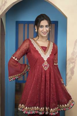 Maroon net embroidered a line kurta & sharara set 6