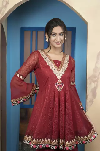 Maroon net embroidered a line kurta & sharara set