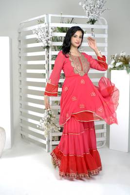 Pink georgette embroidered asymmetrical kurta & sharara set 1
