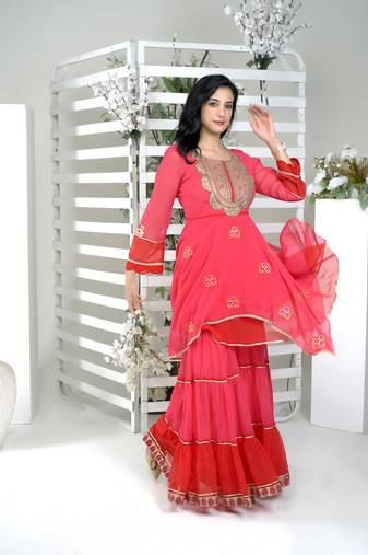 Pink georgette embroidered asymmetrical kurta & sharara set