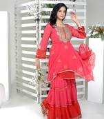 Pink georgette embroidered asymmetrical kurta & sharara set