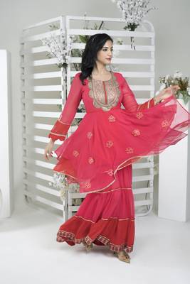 Pink georgette embroidered asymmetrical kurta & sharara set 4