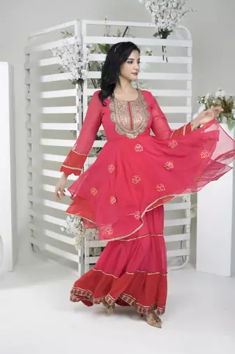 Pink georgette embroidered asymmetrical kurta & sharara set