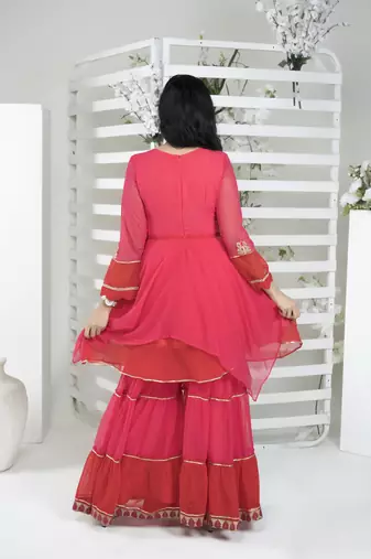 Pink georgette embroidered asymmetrical kurta & sharara set