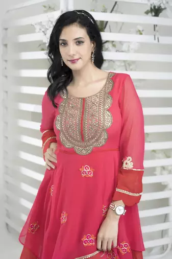 Pink georgette embroidered asymmetrical kurta & sharara set