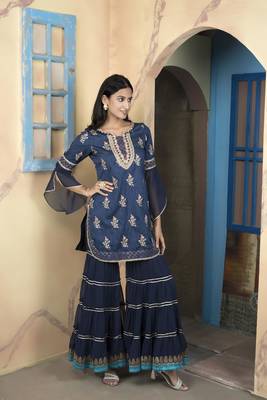 Navy-blue silk embroidered straight cut kurta & sharara set 4