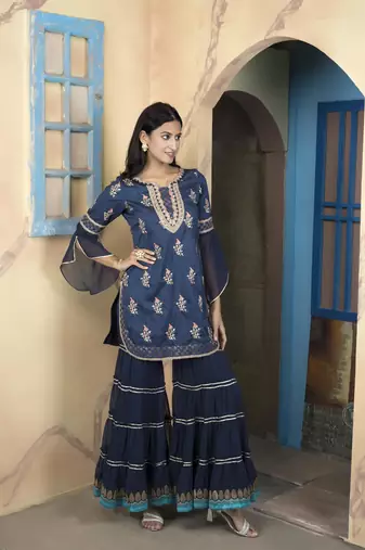 Navy-blue silk embroidered straight cut kurta & sharara set