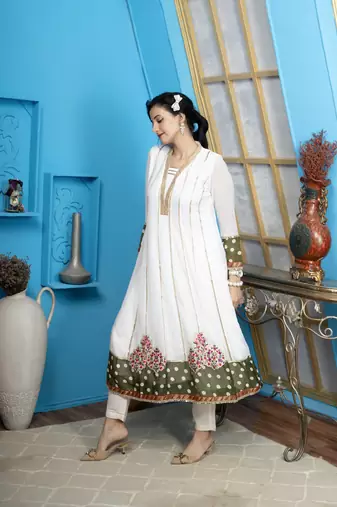 Off-white georgette embroidered anarkali kurta & pants set