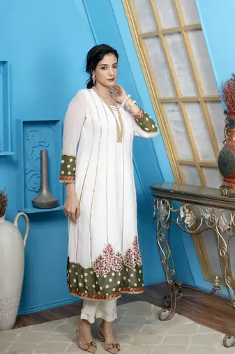 Off-white georgette embroidered anarkali kurta & pants set