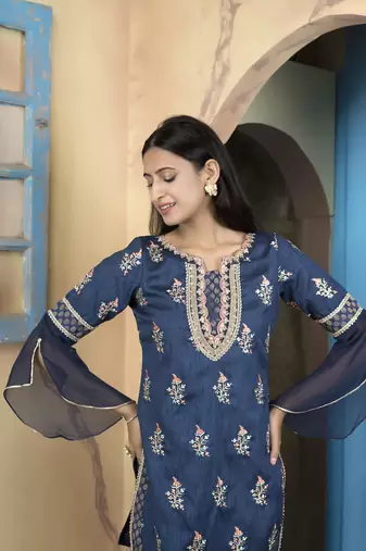 Navy-blue silk embroidered straight cut kurta & sharara set