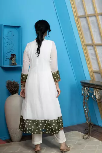 Off-white georgette embroidered anarkali kurta & pants set