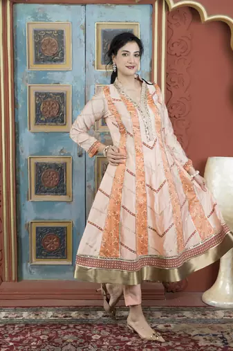Peach silk embroidered anarkali kurta & pants set