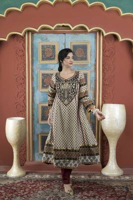 Beige silk embroidered anarkali kurta & pants set 1