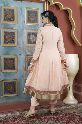 Peach silk embroidered anarkali kurta & pants set