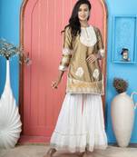 Antique-gold silk embroidered straight cut kurta & sharara set