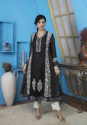 Black art silk embroidered anarkali kurta & pants set 1